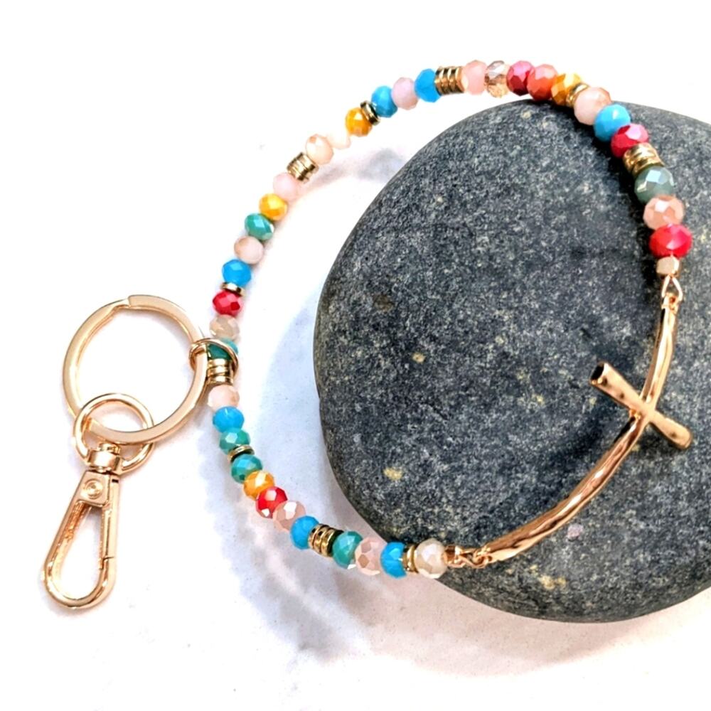 GOLD TONE CROSS Glass Bead Bracelet Style Hoop Key Chain with Closed Hook NEW - Picture 3 of 6